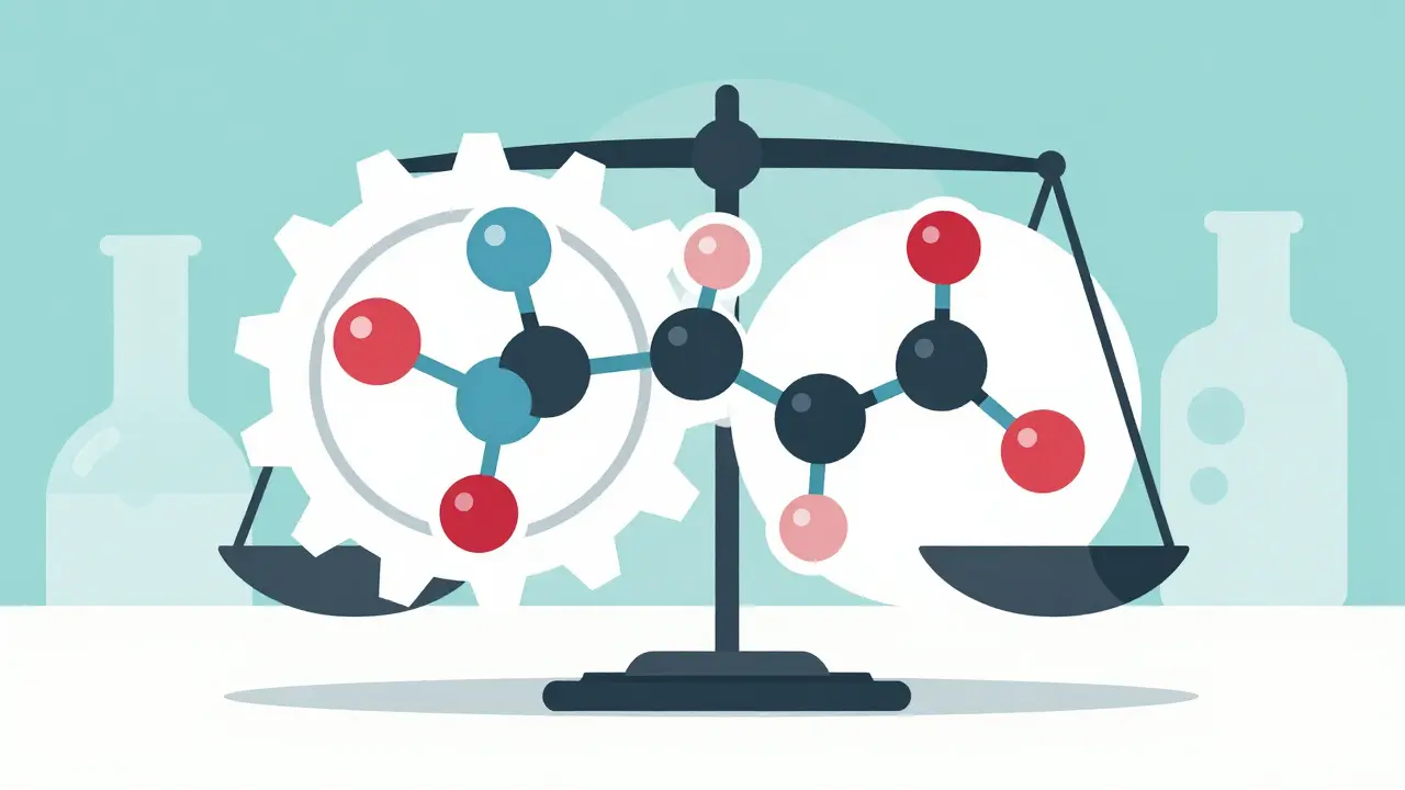 Balanced scales showing identical chemical molecule structures.