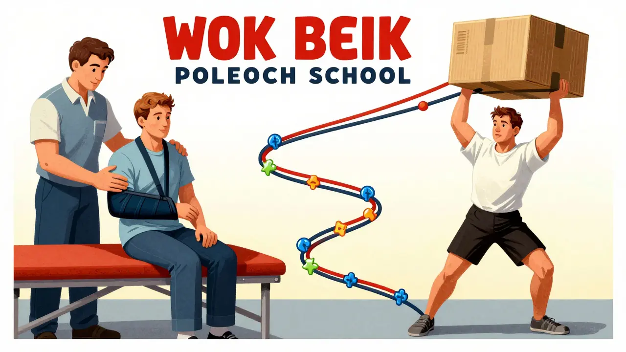 Before-and-after scene of shoulder rehabilitation: from passive therapy to confident lifting.