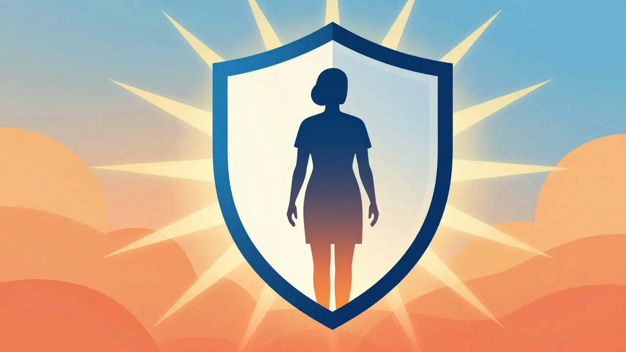 Patient silhouette protected inside a large safety shield.