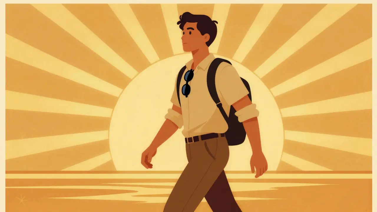 Refreshed traveler standing under sunny morning light with sunglasses.