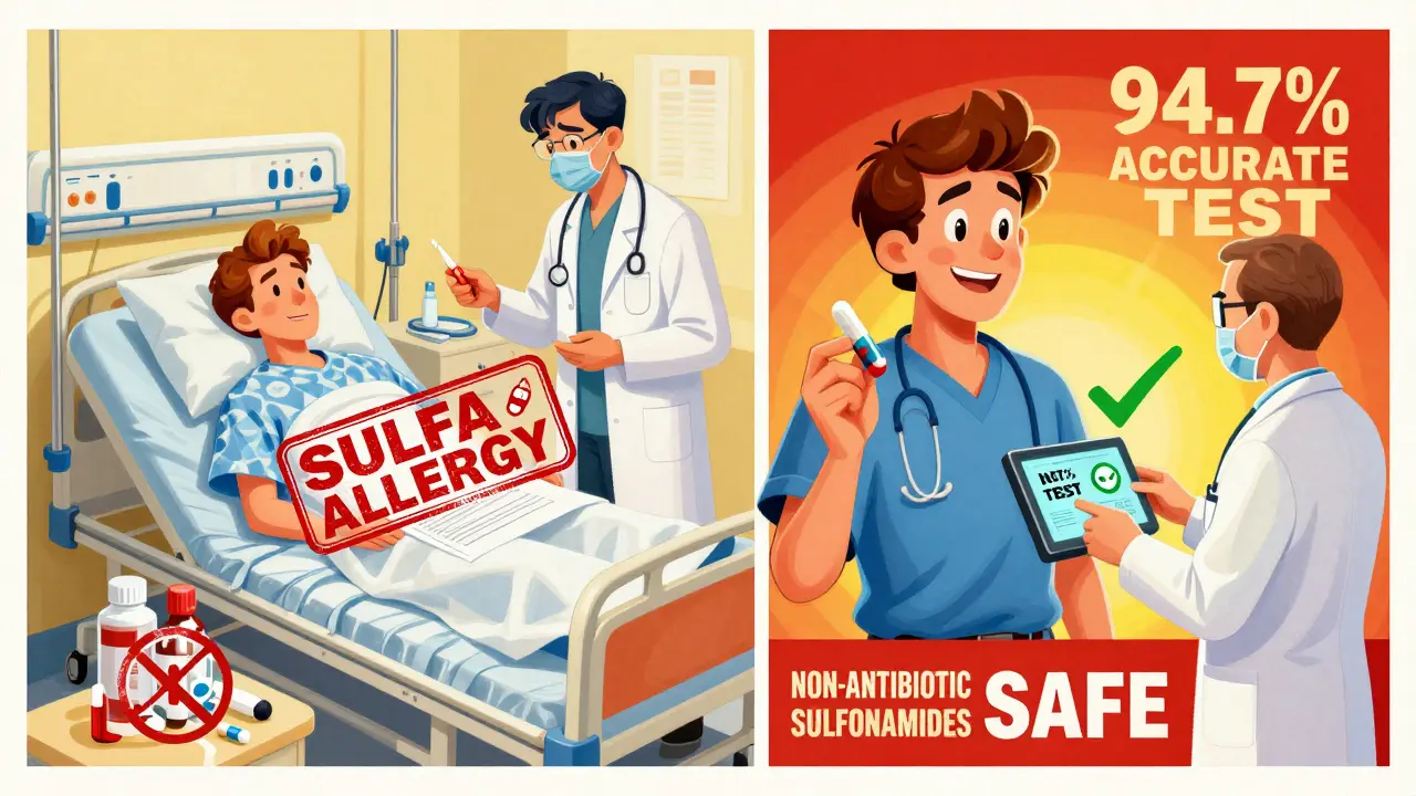 Split image of a patient wrongly denied medication versus safely taking non-antibiotic sulfonamides, with a diagnostic test confirming safety.
