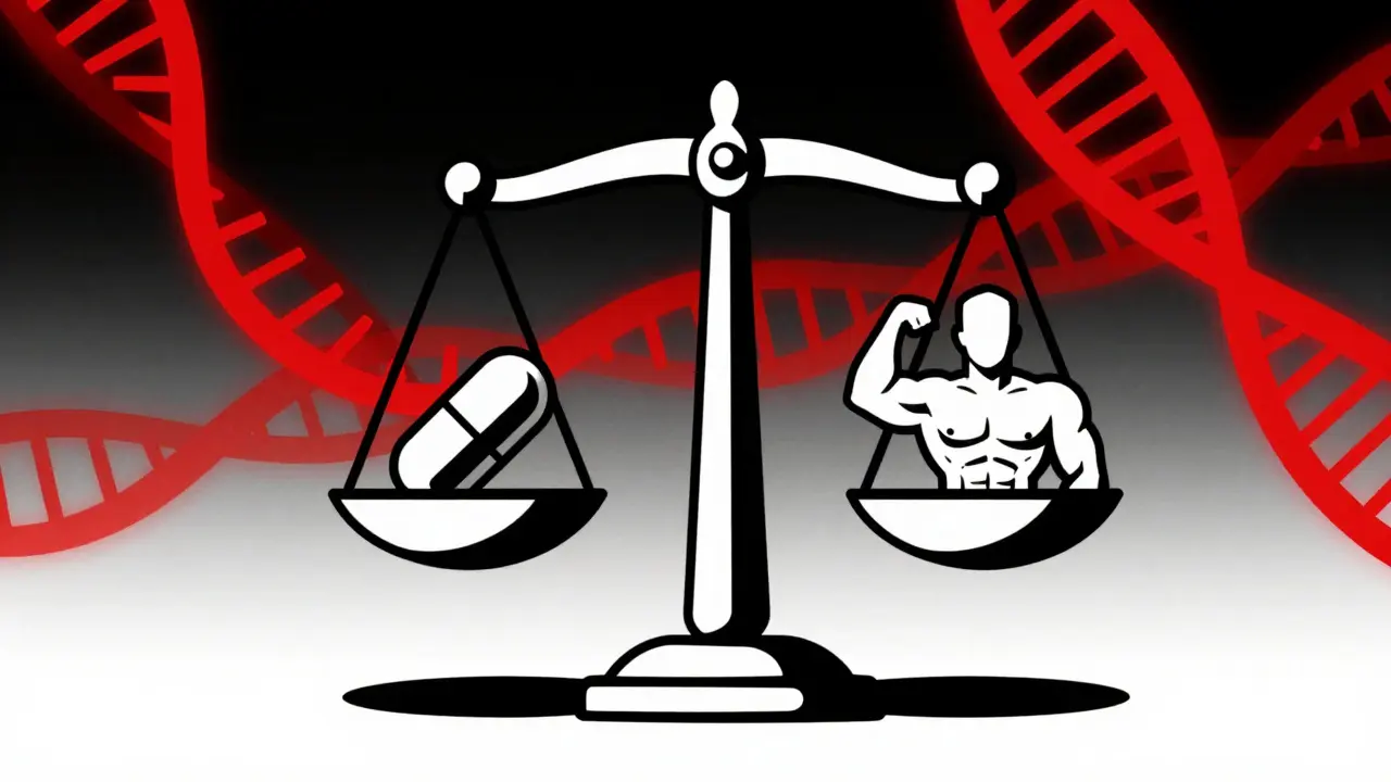 Stylized balance scale with pill and muscle icons surrounded by DNA.