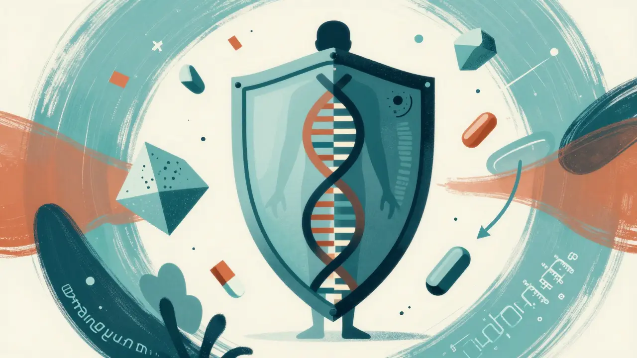 A DNA helix forming a protective shield around a human silhouette.
