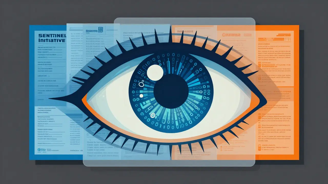 A large stylized eye analyzing digital medical records and health data.