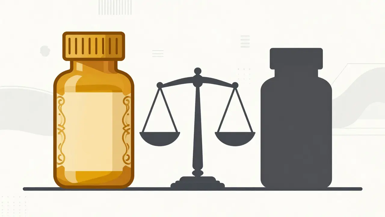 Abstract art showing a brand-name and generic drug balanced equally on a scale.