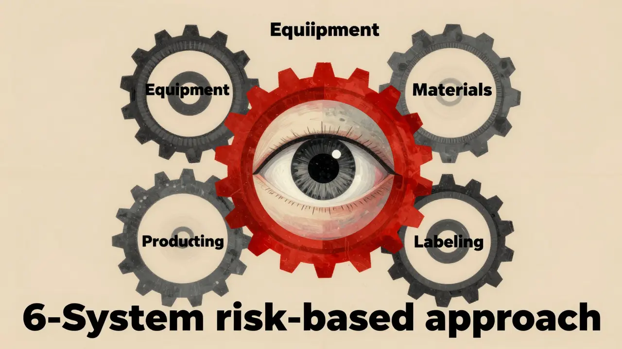 Abstract graphic of a central eye surrounded by interlocking gears symbolizing pharmaceutical quality systems.
