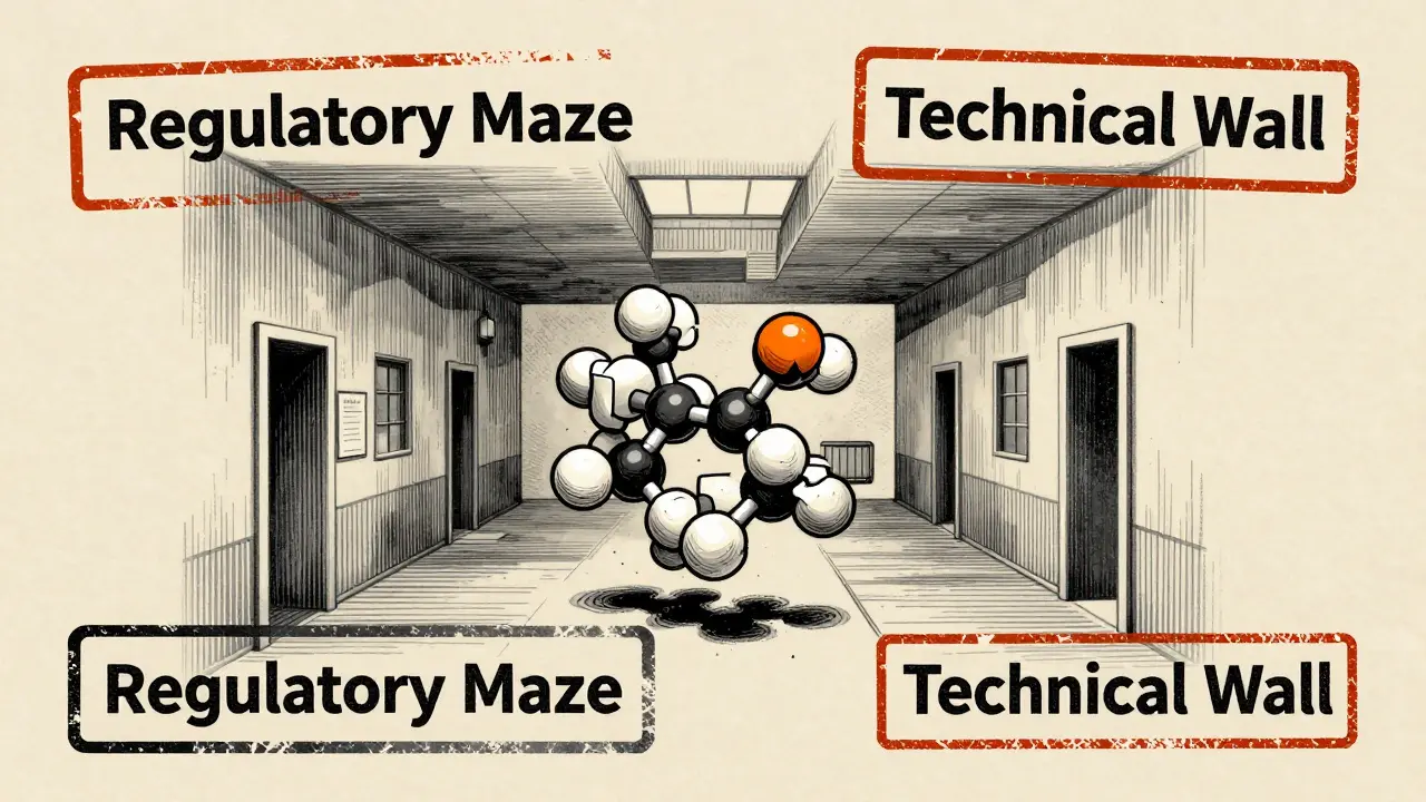 Abstract graphic of a complex molecule trapped in a bureaucratic maze of corridors and stamps.
