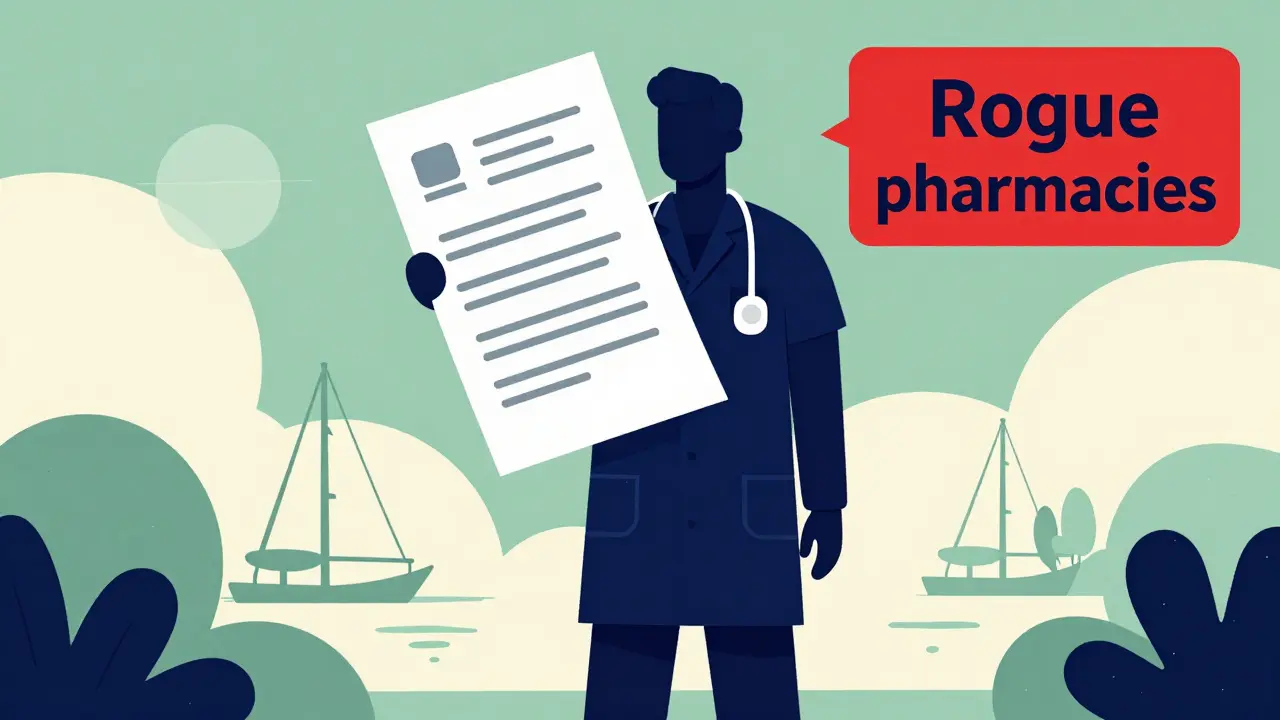 Abstract illustration of a doctor and a prescription as a symbol of safety.