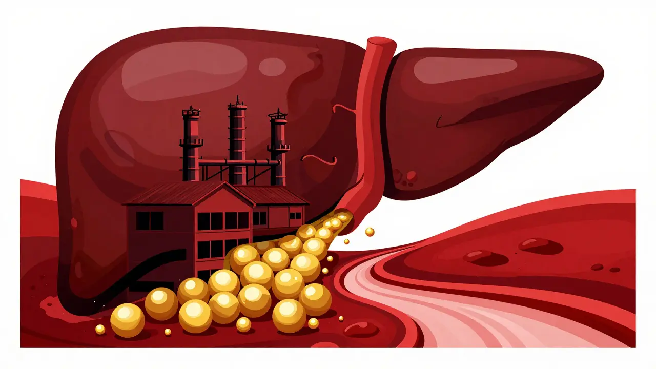 Abstract illustration of a liver releasing golden glucose spheres into a red bloodstream.