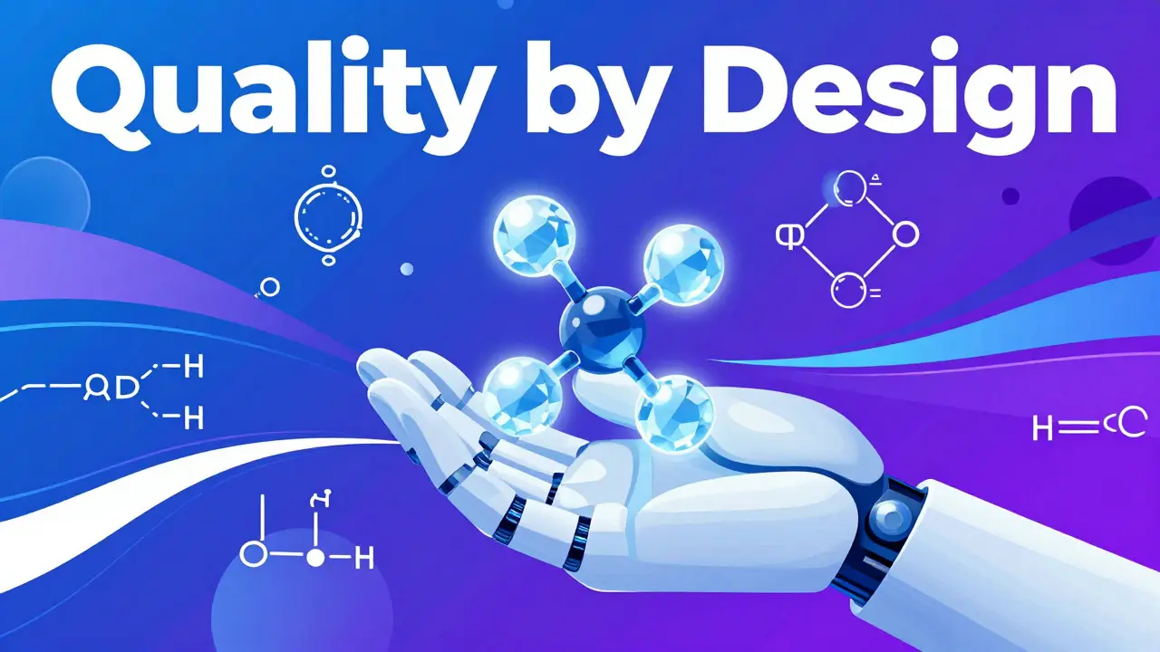 Artistic depiction of a human and robotic hand holding a glowing crystalline molecule.