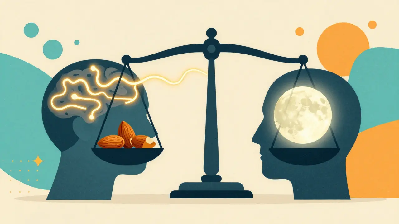 Conceptual art of a golden glucose trend line balancing with healthy snacks and a moon.
