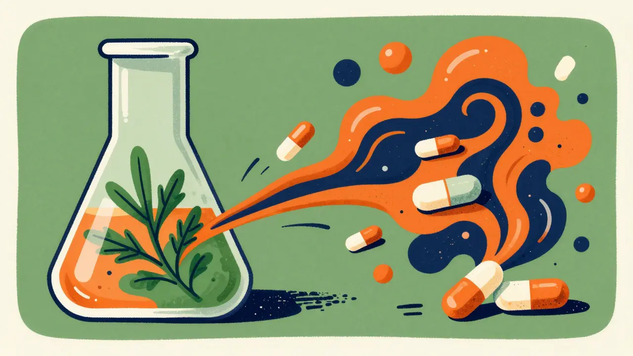 Conceptual art of a herbal leaf and a pill interacting inside a glass beaker with swirling colors.