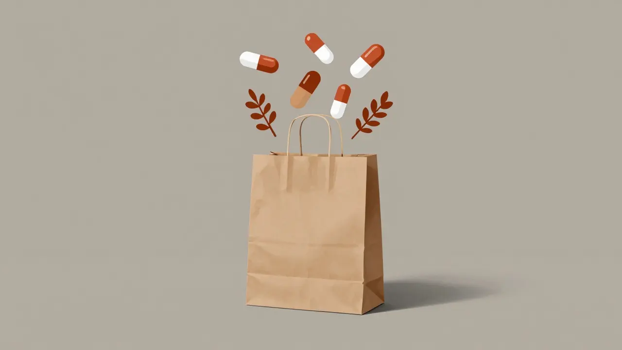Graphic illustration of a brown paper bag with stylized medication symbols floating above it.