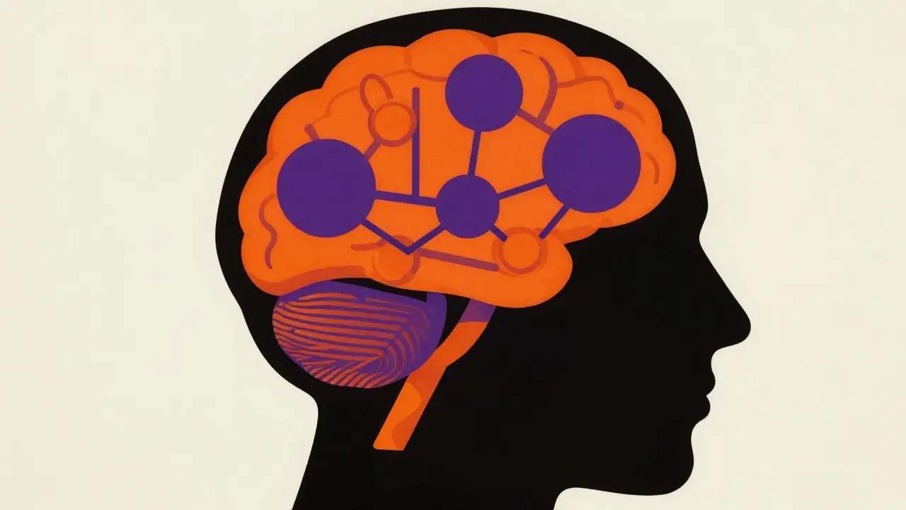 Head silhouette with glowing geometric hormone orbs inside