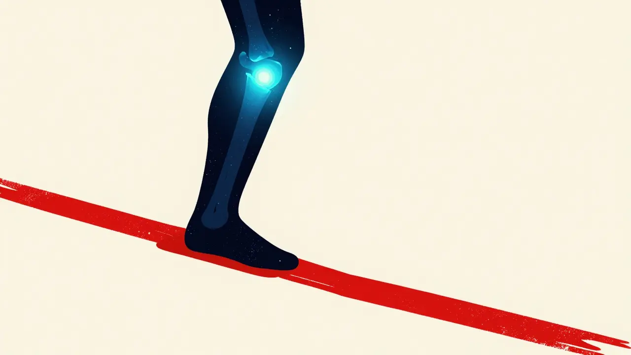 Minimalist illustration of a leg stepping forward with a glowing lubricated joint