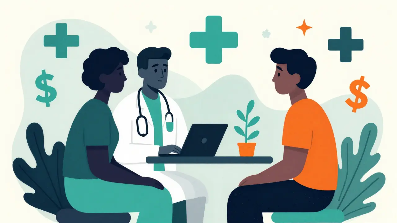 Minimalist illustration of a patient and doctor engaged in a collaborative conversation.