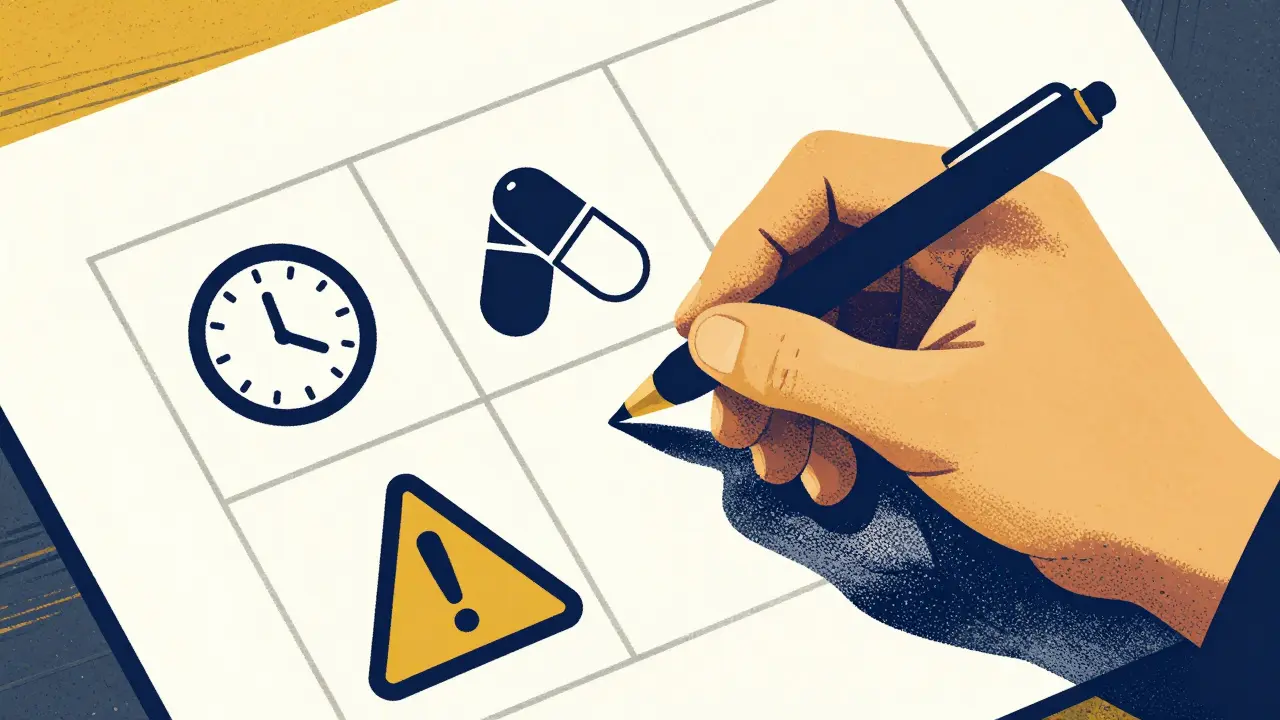 Stylized graphic of a hand creating an organized medication log with icons.