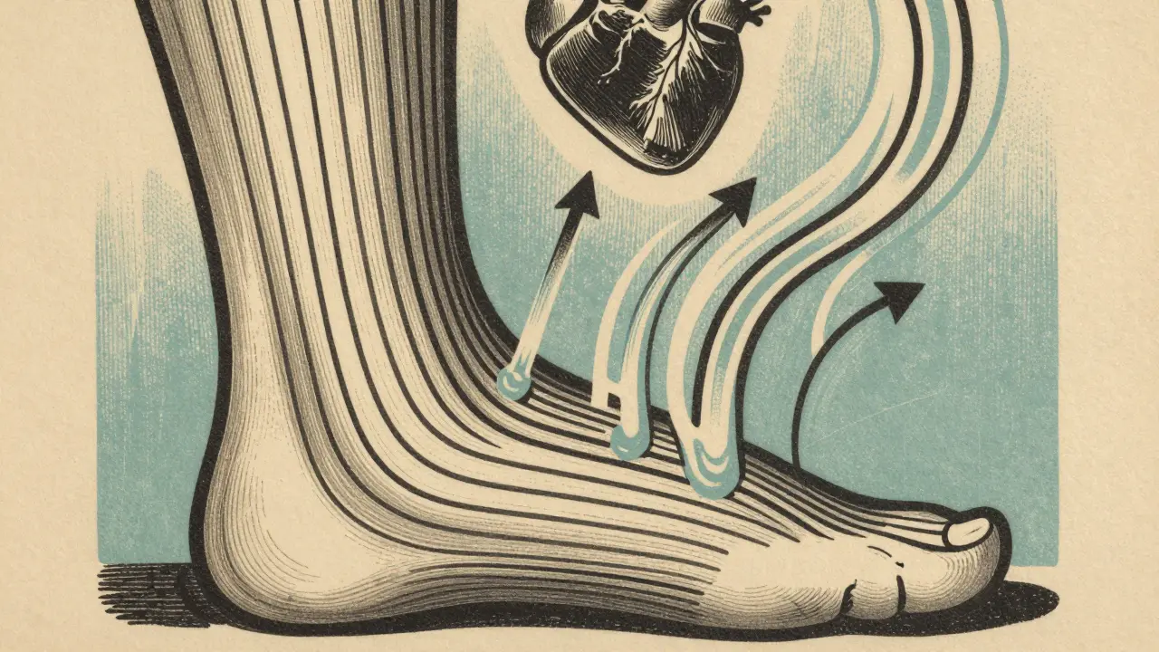 Stylized illustration of a leg in a compression stocking with upward fluid flow.