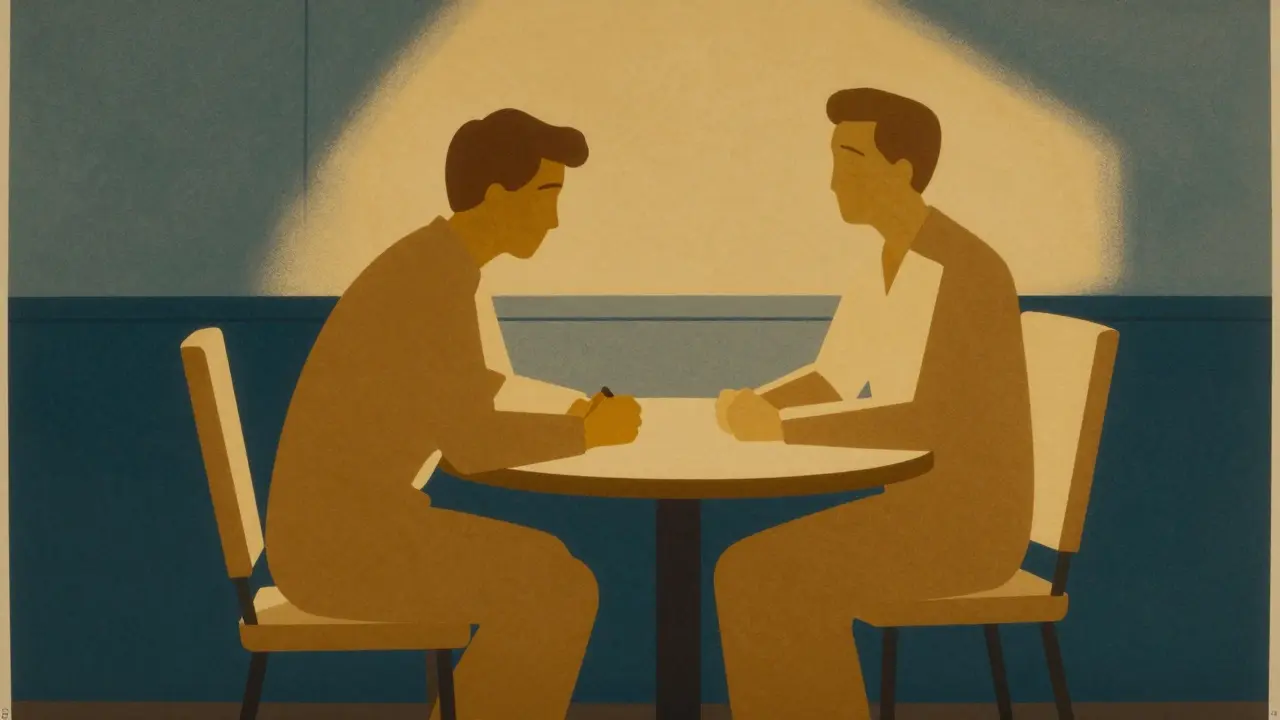 Two figures consulting warmly in stylized interior scene