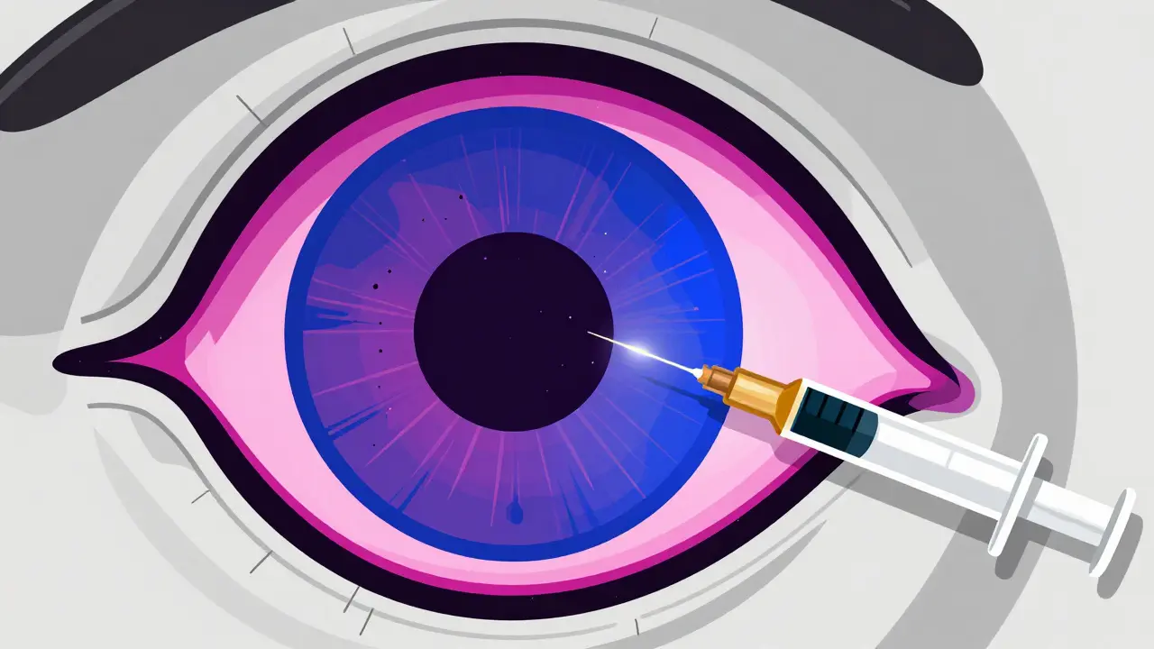 Abstract eye cross-section showing inflammation and steroid injection