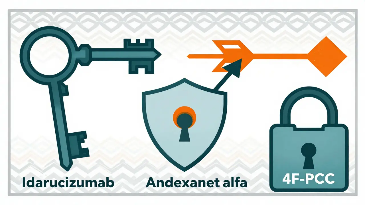 Abstract graphic showing molecular keys and locks representing specific blood thinner antidotes.