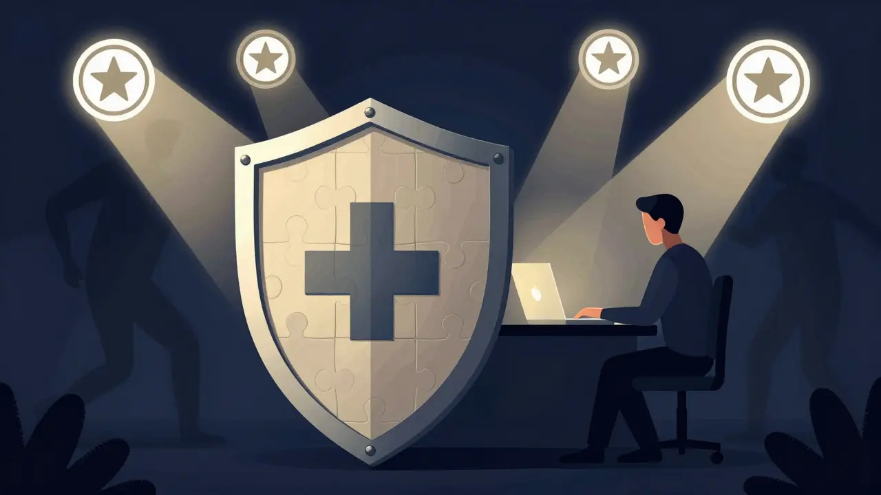 Abstract shield protecting a user from dark shadows while checking meds