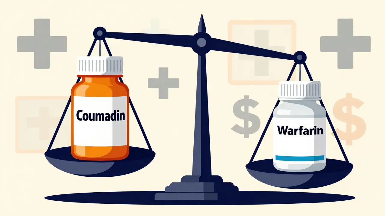 Balance scale comparing expensive brand drug to affordable generic equivalent.
