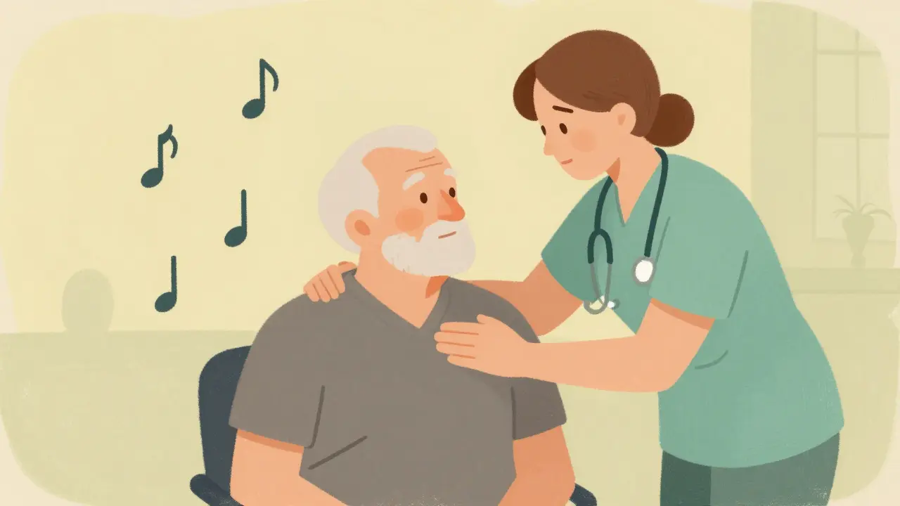 Caregiver comforting senior with music therapy