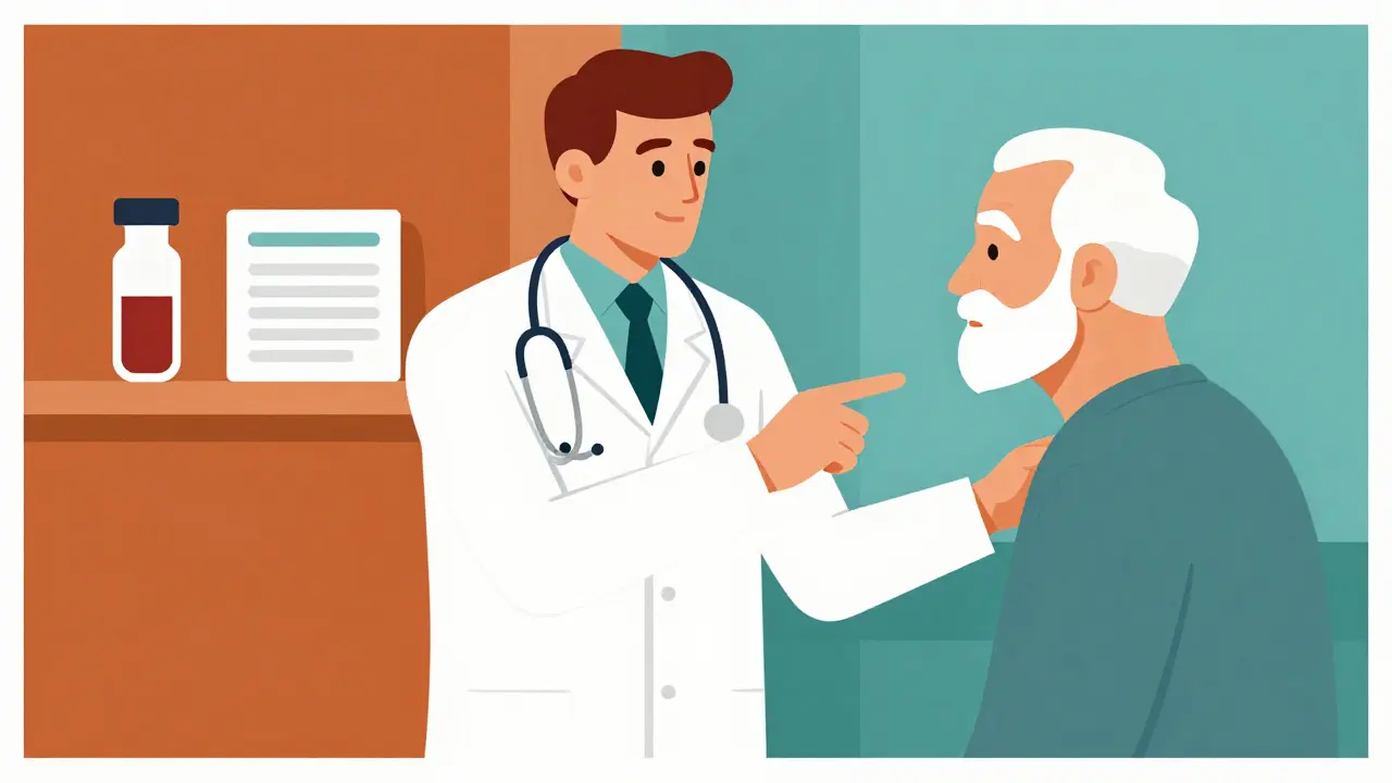 Doctor advising elderly patient on testing, emphasizing prevention and monitoring for medication side effects.