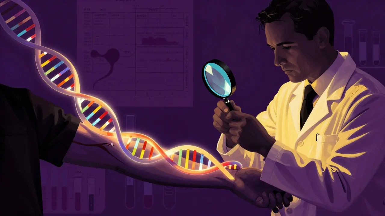 Doctor examining DNA strand on patient arm, representing genetic testing