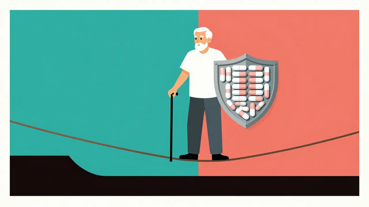 Elderly person balanced on tightrope with pill shield