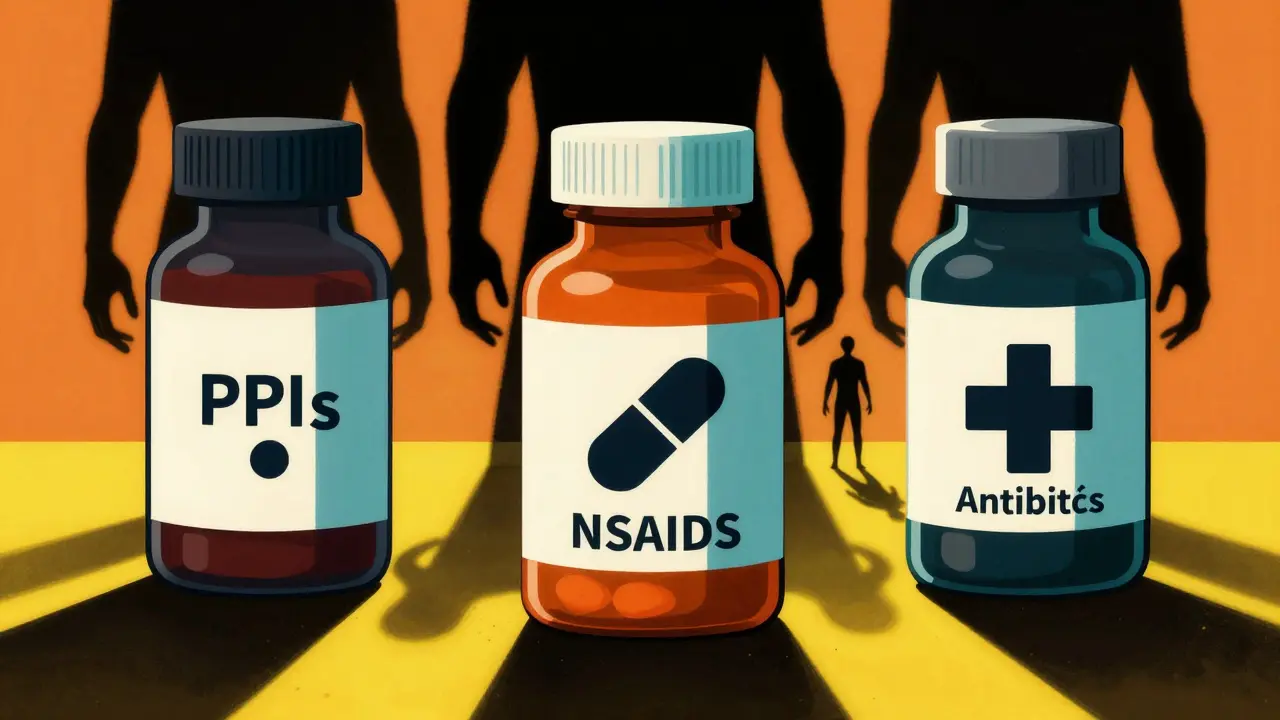 Menacing pill bottles overshadowing a human figure in high contrast