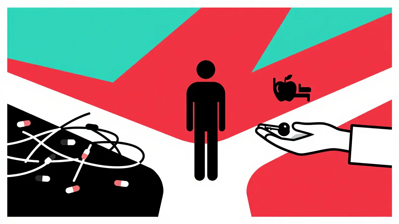 Patient choosing between complex meds and simpler solutions