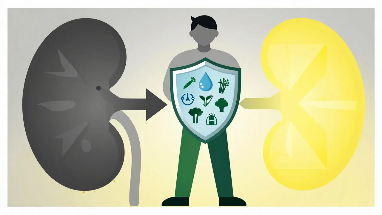 Person holding a shield of water and food symbolizing kidney recovery