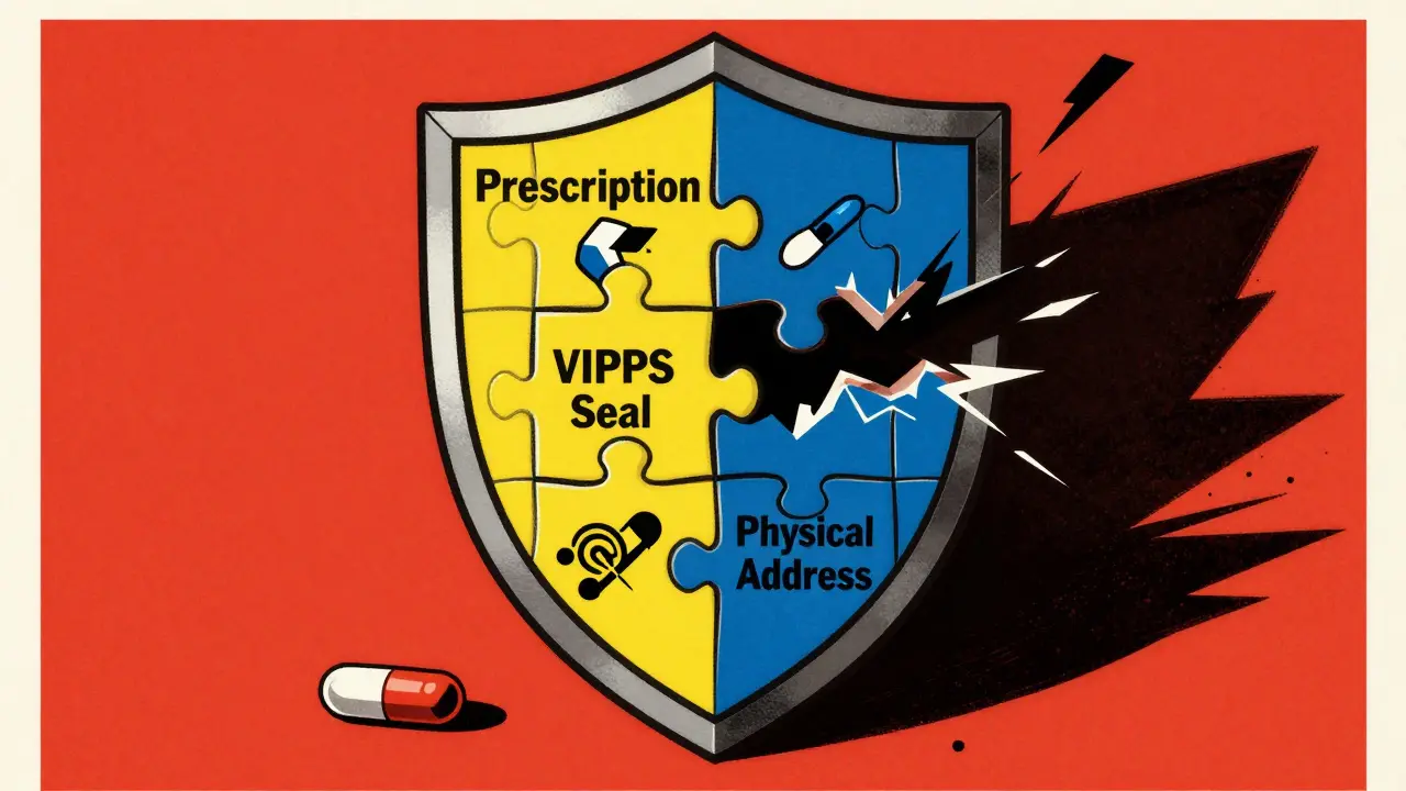 Shield blocking scam shadows with prescription and certification symbols.