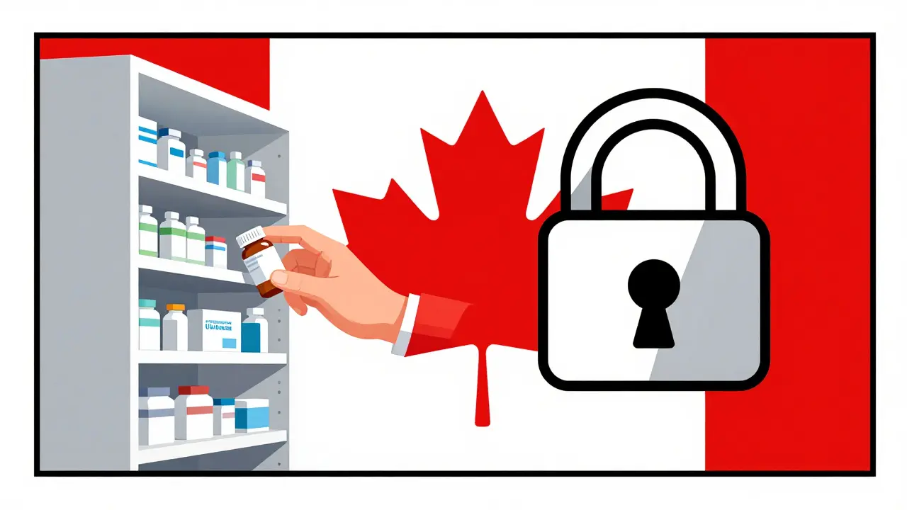 Split view of US and Canadian pharmacy options with secure lock.