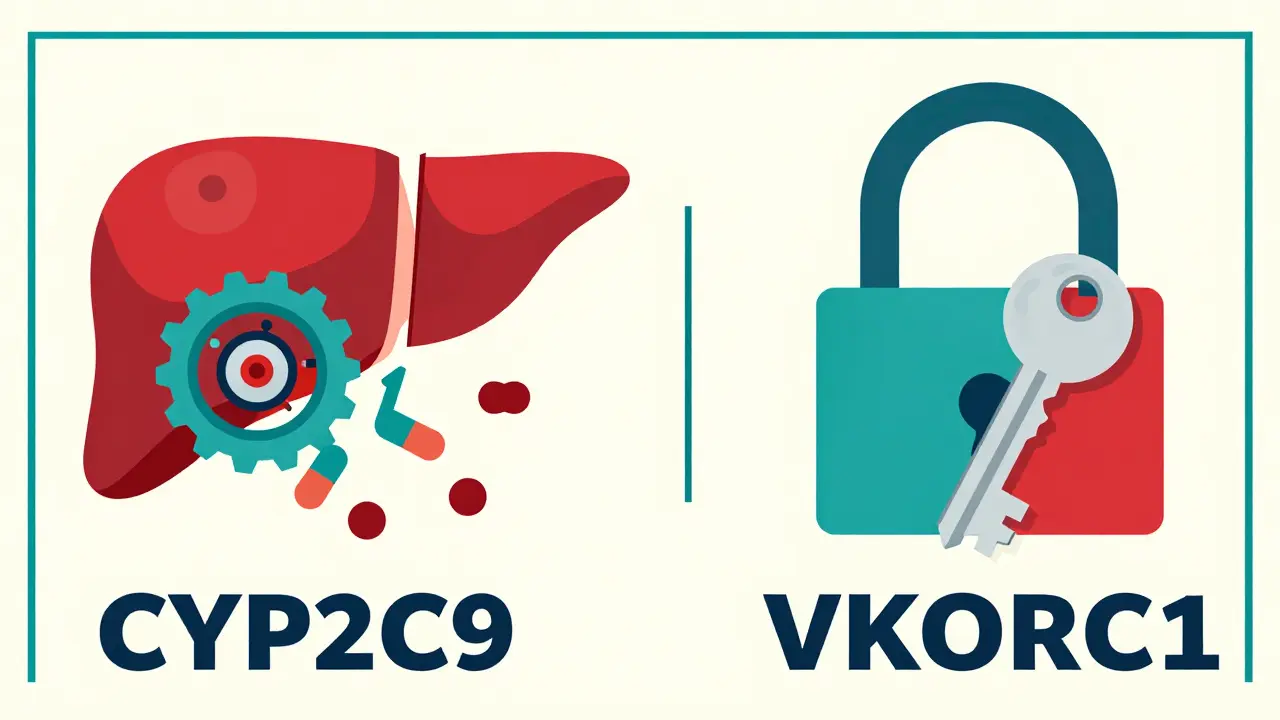 Stylized gears and locks illustrating CYP2C9 and VKORC1 genetic effects