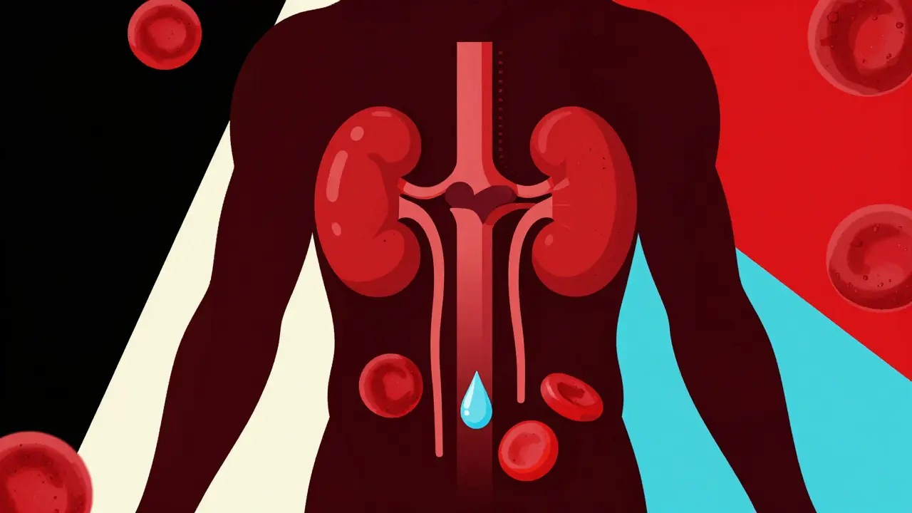 Stylized silhouette showing kidneys retaining water and diluted blood cells, illustrating hyponatremia mechanism.