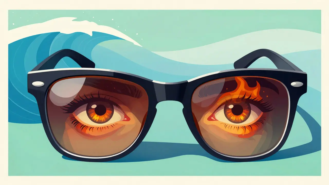 Sunglasses reflecting an inflamed eye, symbolizing uveitis protection