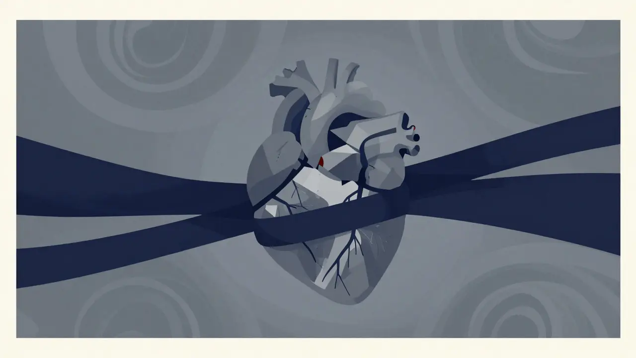 Abstract illustration of a heart being squeezed by dark bands, symbolizing vascular risk.