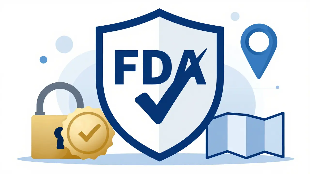 Abstract shield emblem with checkmarks symbolizing safe and verified online medication.
