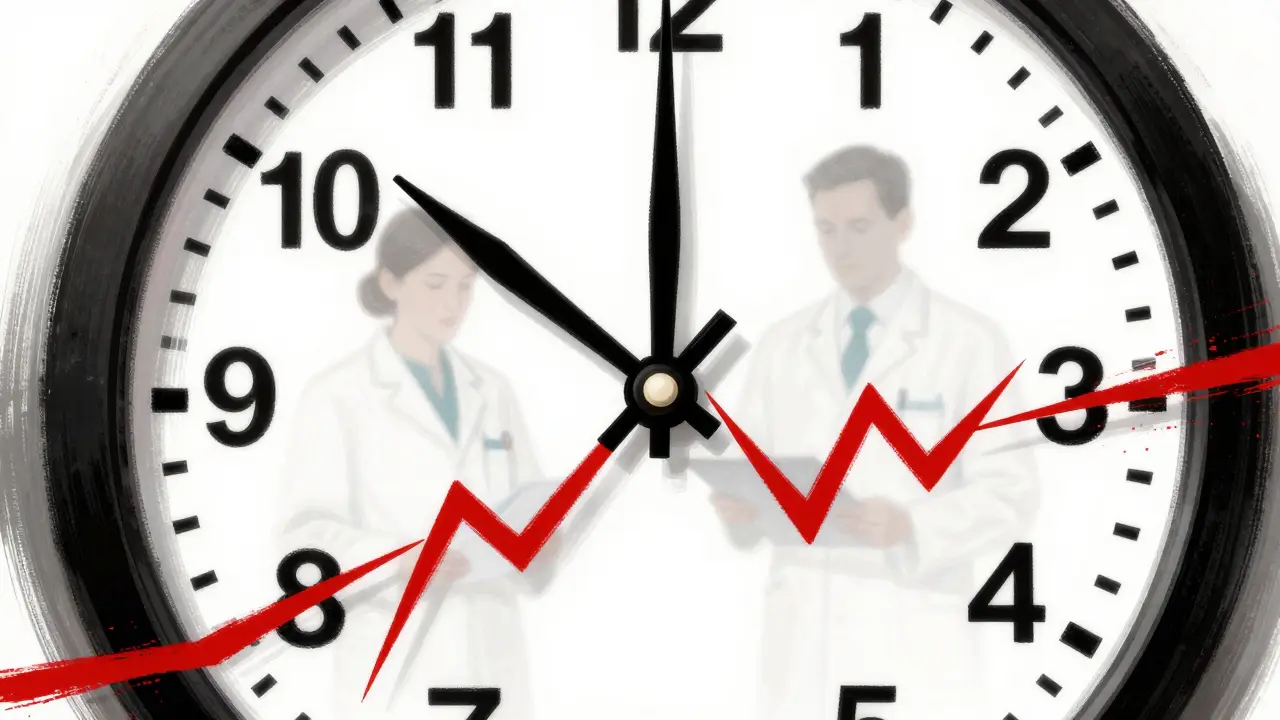Artistic depiction of a slow clock and ghostly figure symbolizing delays in pharmacy license data updates.
