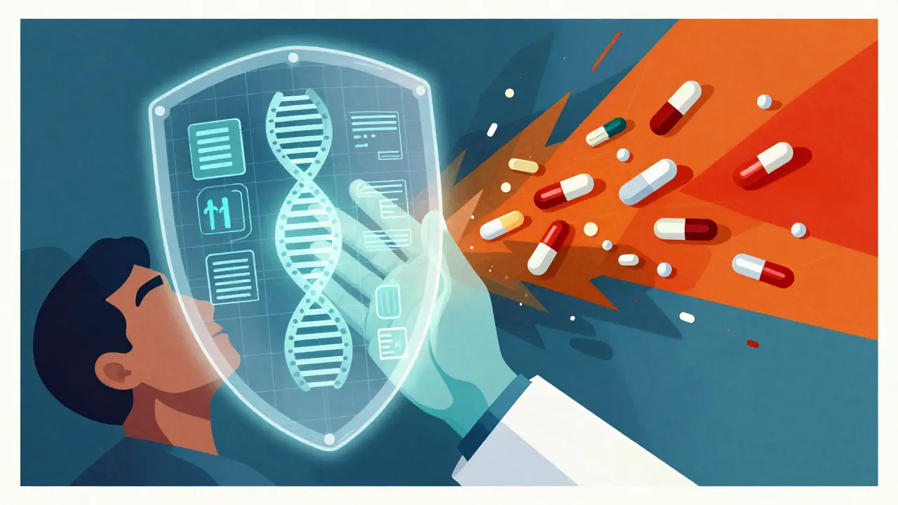 Doctor holding a digital shield against chaotic drug interaction shadows