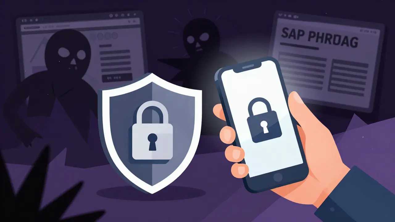 Graphic art showing secure online pharmacy shopping vs shady scams