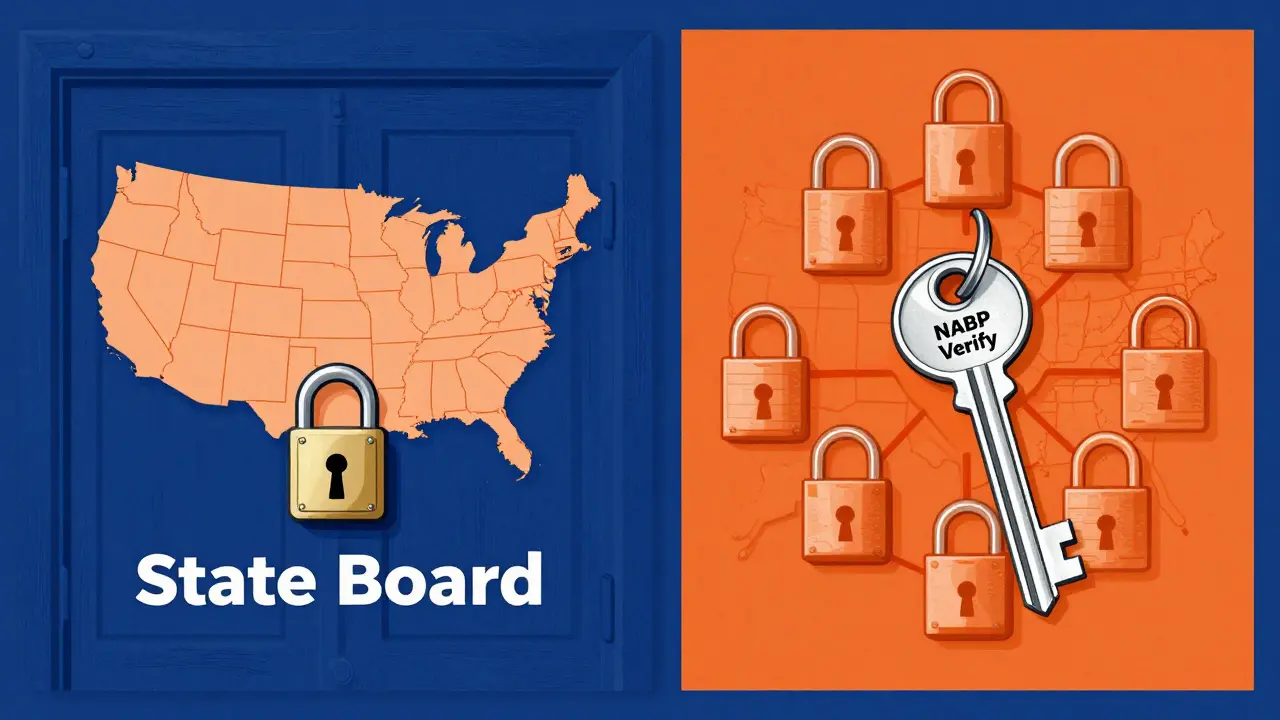Graphic comparison of single-state license keys versus a multi-state national verification master key.