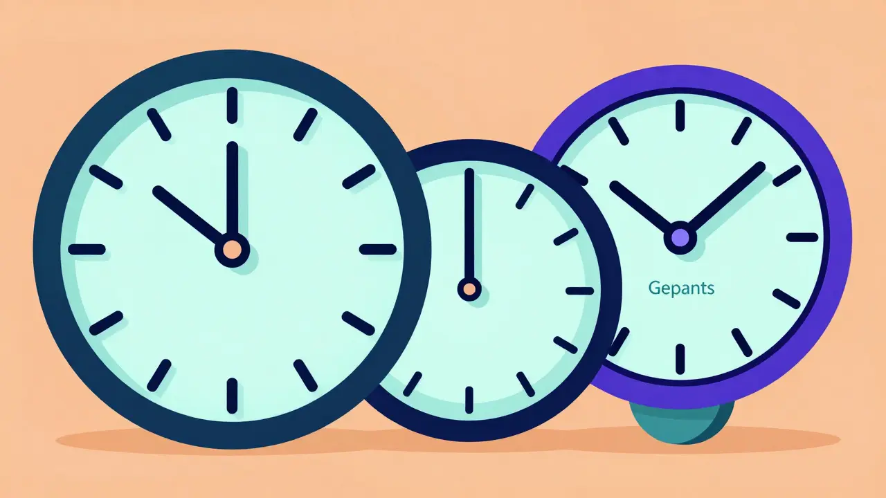 Graphic design showing clocks and geometric shapes representing migraine treatment timing.