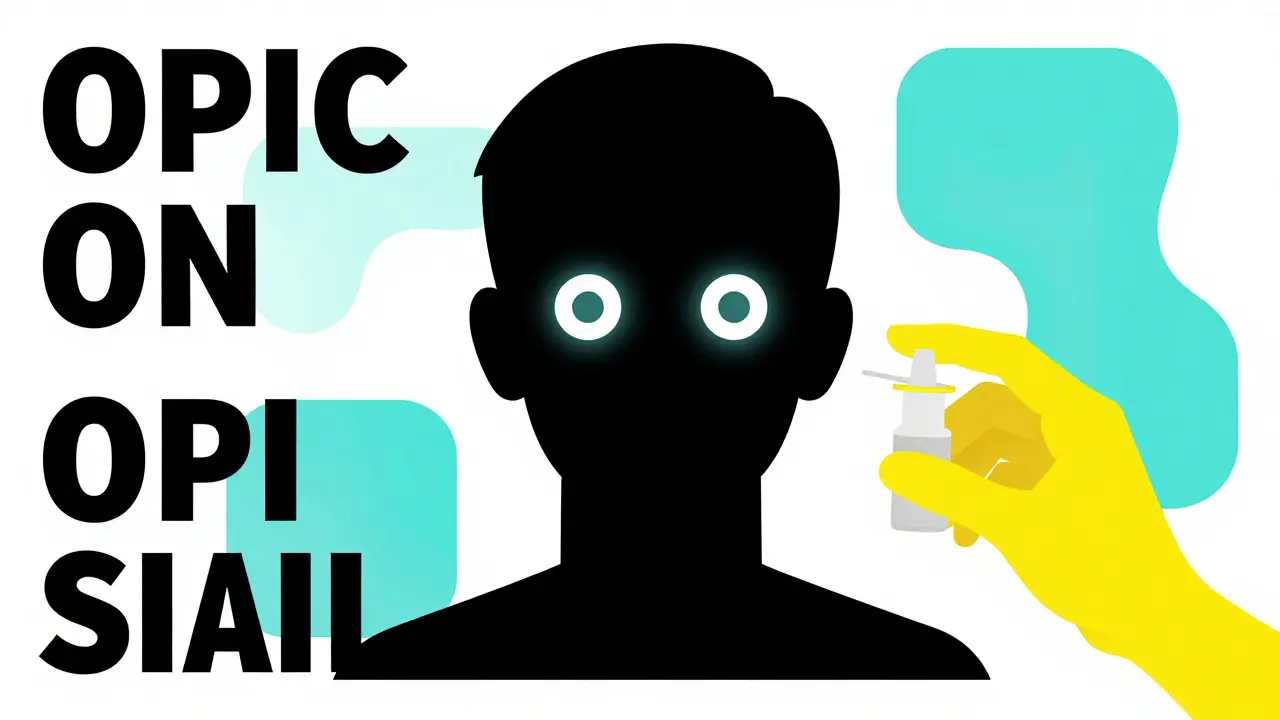Graphic illustration of overdose symptoms with pinpoint pupils and a rescue nasal spray