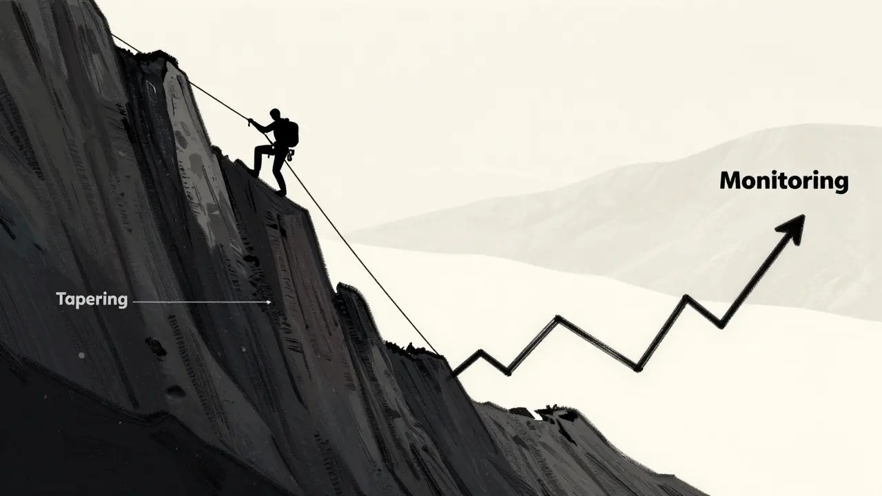 Graphic of a patient navigating a steep decline representing steroid tapering risks