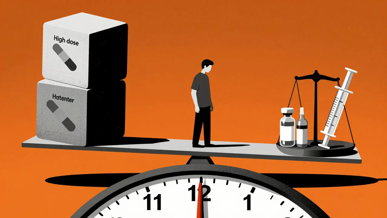 Illustration of a balance scale weighing steroids against insulin with a clock, Polish Poster style