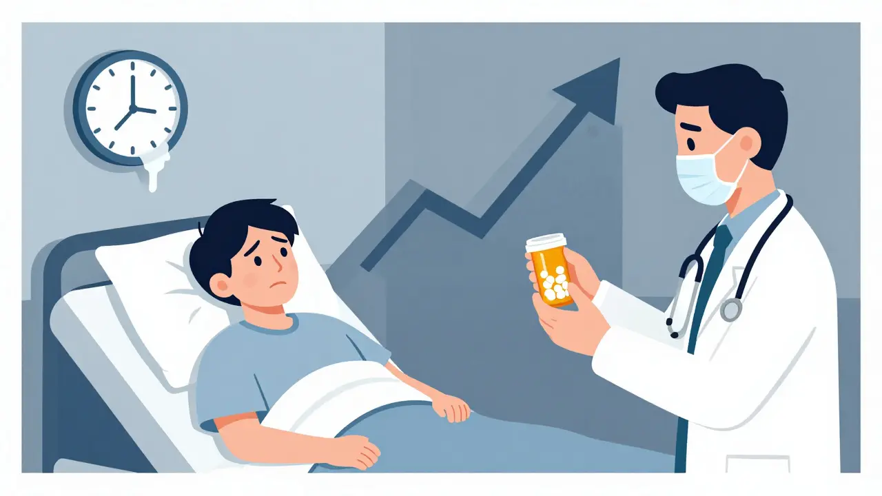 Illustration of anxious patient and doctor with empty pill bottle